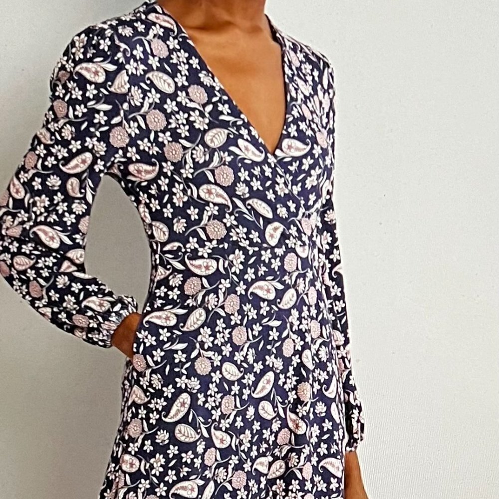 Boden Easy Fixed Wrap Jersey Dress French Navy, Flower Garden Size 8